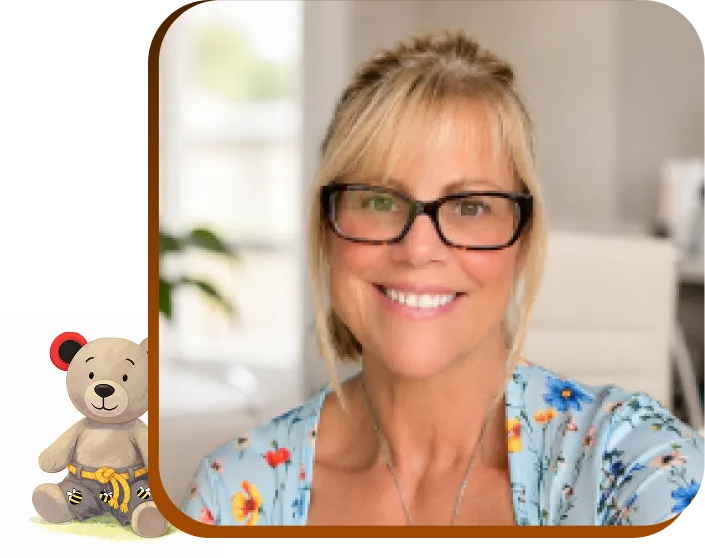 Author Jane Mansons with Benny the teddy bear